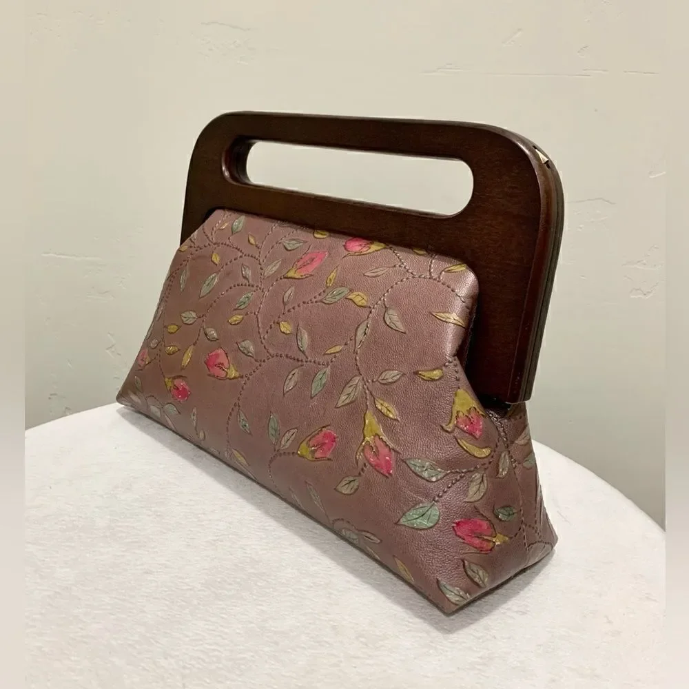 Handmade Genuine Embossed Leather Large Wooden Frame Handbag